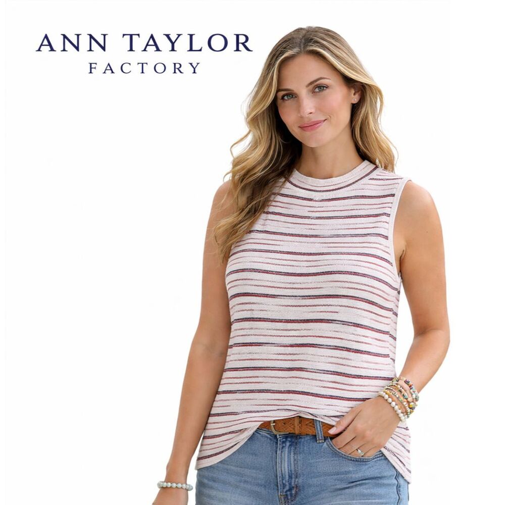 Ann Taylor Factory NWT‎ Striped Sleeveless Knit Tank Top XL Cotton Casual Summer